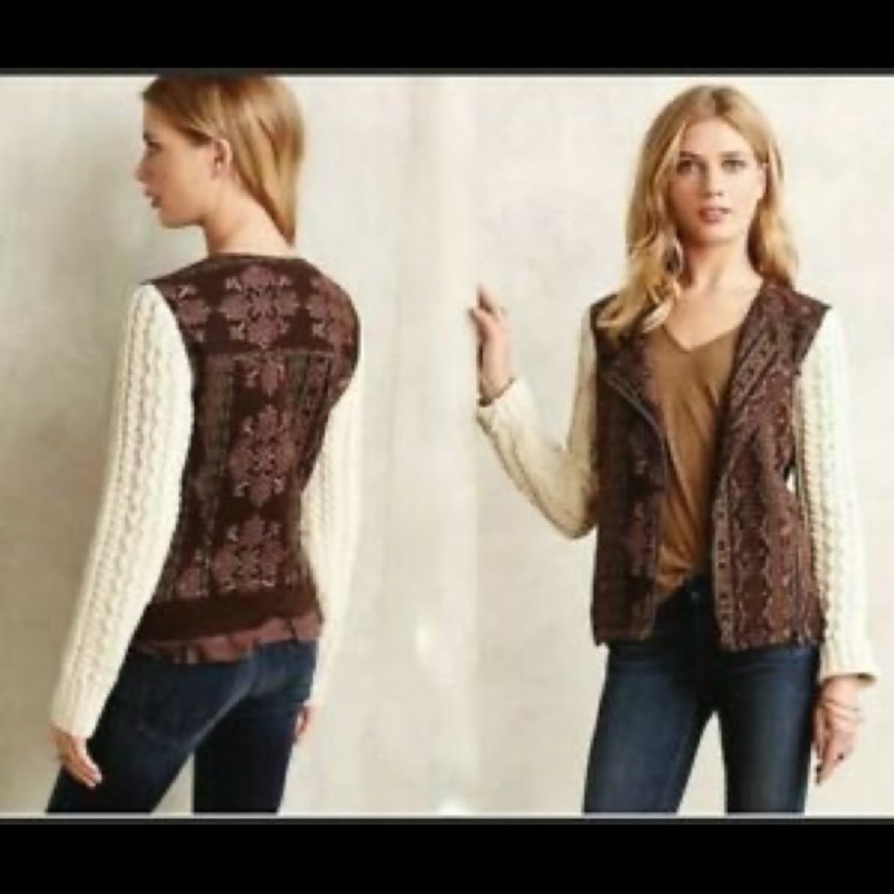 ANTHROPOLOGIE Lilka Hazan Moto Jacket Small  Brown Print Sweater White Sleeves